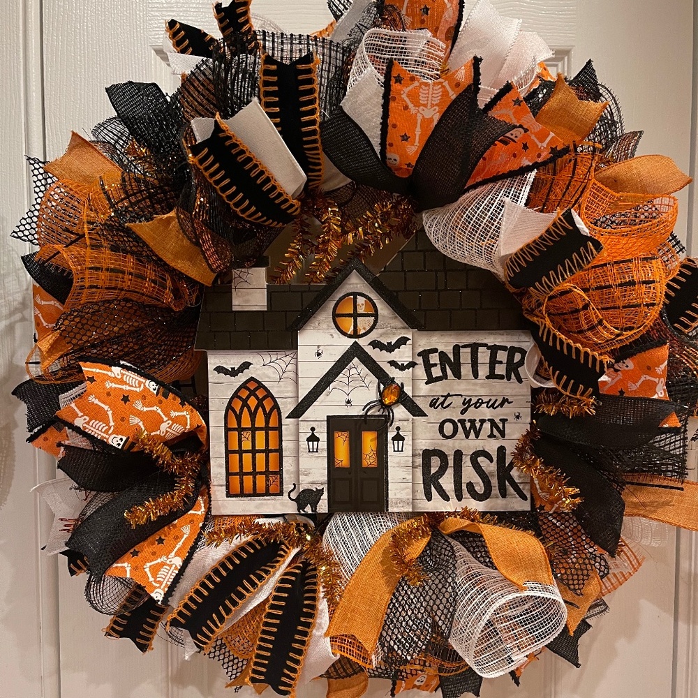 Halloween Wreath “Enter at Your Own Risk”  Spider, skeleton, black cat spooky GL